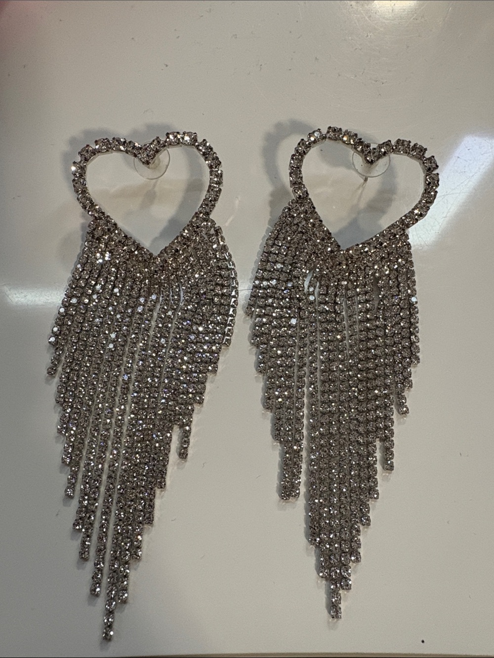Silver Crystal Heart Fringe Drop Earrings - Women Jewelry